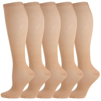 5 Pairs Compression Socks for Men & Women Best Graduated Athletic Fit for Running Flight Travel Pregnancy Flying Nurses Medical Shin Splints -Varicose Veins (L, Brown)