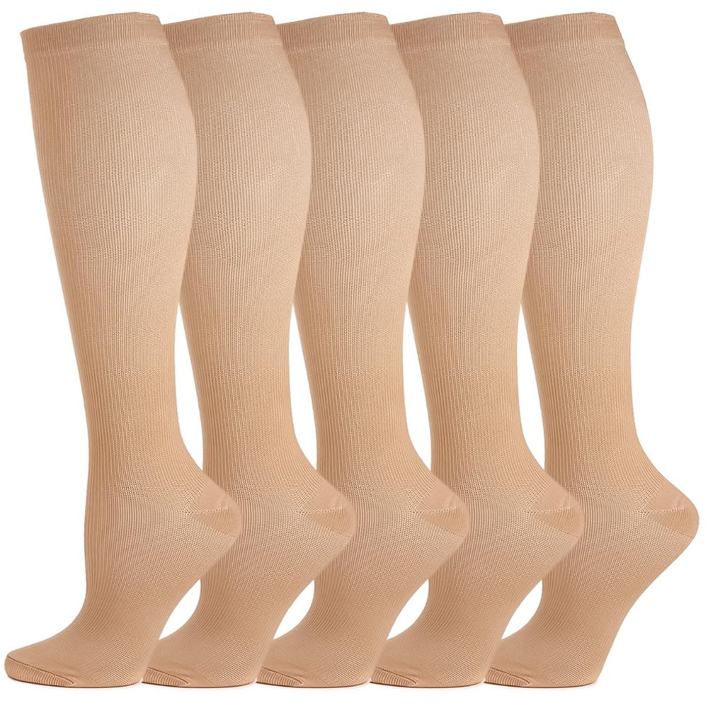 5 Pairs Compression Socks for Men & Women Best Graduated Athletic Fit for Running Flight Travel Pregnancy Flying Nurses Medical Shin Splints -Varicose Veins (L, Brown)