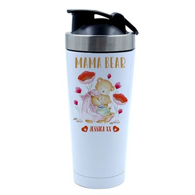 Personalised Any Name Mama Bear Gift for Her, Mum, God Mother, Step Mom, Mummy, Mothers Day, Moms birthday Present, 500ml Aluminum Shaker Bottle. (White)