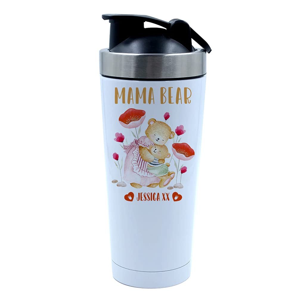 Personalised Any Name Mama Bear Gift for Her, Mum, God Mother, Step Mom, Mummy, Mothers Day, Moms birthday Present, 500ml Aluminum Shaker Bottle. (White)