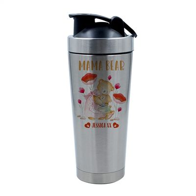 Personalised Any Name Mama Bear Gift for Her, Mum, God Mother, Step Mom, Mummy, Mothers Day, Moms birthday Present, 500ml Aluminum Shaker Bottle. (Silver)