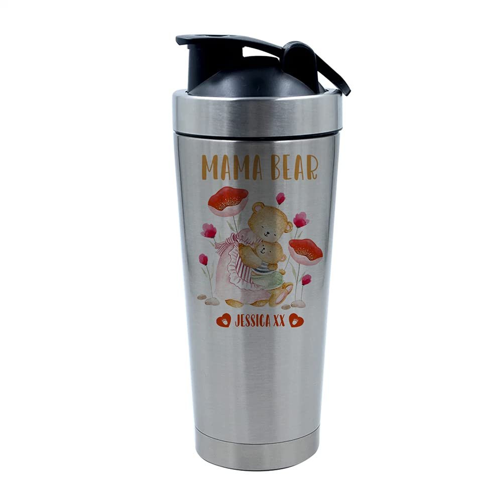 Personalised Any Name Mama Bear Gift for Her, Mum, God Mother, Step Mom, Mummy, Mothers Day, Moms birthday Present, 500ml Aluminum Shaker Bottle. (Silver)