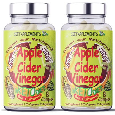 2 Bottles (240 Capsules) Raw Unfiltered Apple Cider Vinegar with The Mother, Turmeric 1400mg, Ginger, Black, Cayenne Pepper, Bio Cultures. 2775mg/serving. Metabolism Vitamins & Minerals Complex. (2)
