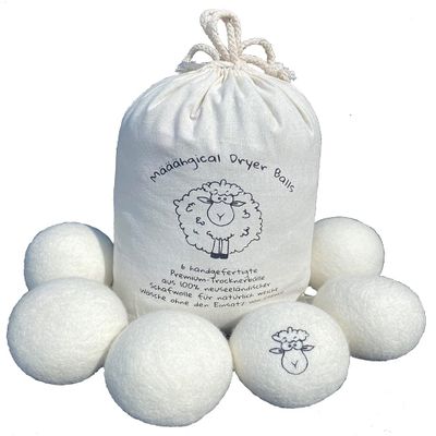 UKIYO 6 XXL Eco Dryer Balls 8 cm 100% New Zealand Sheep's Wool Mulesing- Natural Fabric Softener