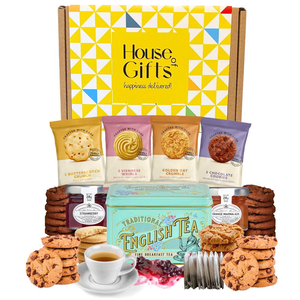 Afternoon Tea Hamper Gift Set Includes British Buttery Biscuits, Traditional English Teabags, Strawberry Jam, Orange Marmalade & Luxury British Snacks Great British Gift Hamper Set