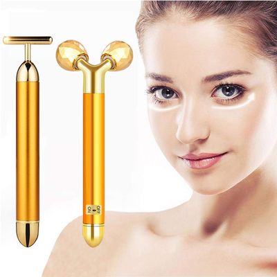 2-in-1 Beauty Bar, Golden Pulse Face Massager Electric 3D Roller and T Shape Facial Massager, Anti Aging Face Lift Massage Stick Beauty Skin Care Tool Gift Set for Women Skin Tightening Anti Wrinkles