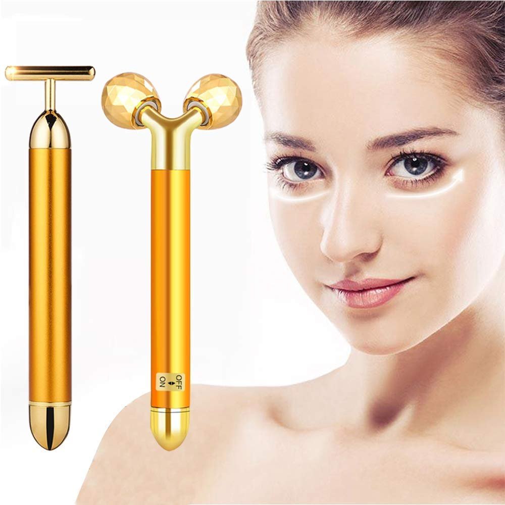 2-in-1 Beauty Bar, Golden Pulse Face Massager Electric 3D Roller and T Shape Facial Massager, Anti Aging Face Lift Massage Stick Beauty Skin Care Tool Gift Set for Women Skin Tightening Anti Wrinkles