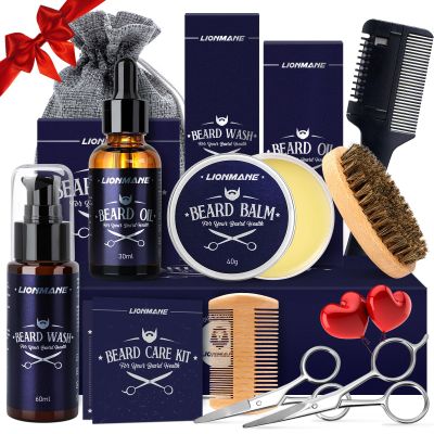 Valentine's Day Beard Care Kit for Men, LIONMANE Beard Grooming Kit- Beard Balm, Beard Wash & Oil,Comb, Brush, Scissors, Hair Thinning Comb, Anniversary Birthday Gifts for Husband/Boyfriend/Dad/Him