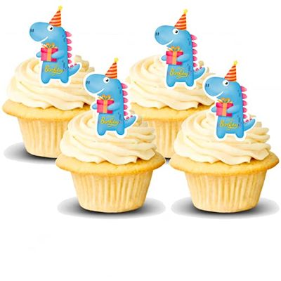 14x Blue Dinosaur Party Gift Edible Thick Wafer Card Standing Cupcake Toppers Birthday Party Cake Decorations Easy to cut