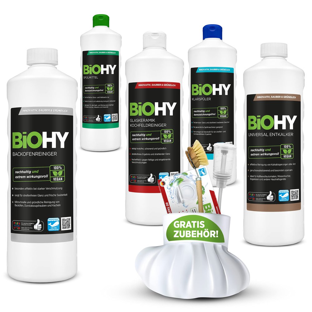 BIOHY Chef's complete set + accessories, washing up liquid, dishwasher tablets, rinse aid, universal descaler, glass ceramic hob cleaner, oven cleaner, washing brush, dispenser, sustainability