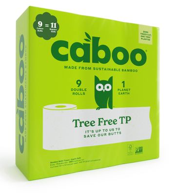 Caboo Tree Free Bamboo Toilet Paper, Plastic Free, Eco Friendly, Septic Safe, Biodegradable Bath Tissue with Soft, Quick Dissolving 2 Ply Sheets (300 Sheets Per Roll, 9 Double Rolls), White