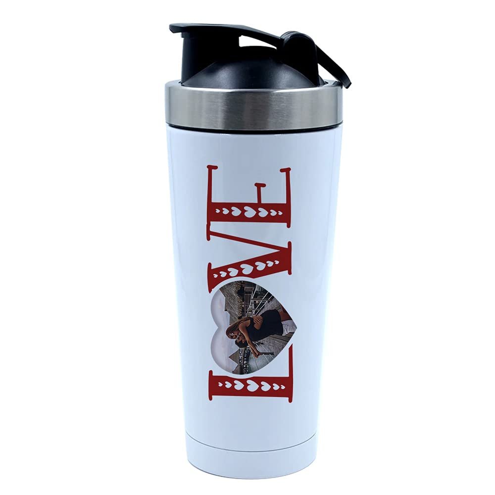 Getagift 500ml Aluminium Shaker Bottle for Supplement Shakes - Easy Clean, Durable Cup Personalised Love Heart ANY IMAGE Wedding, Birthday, Anniversary, Valentines. (White)