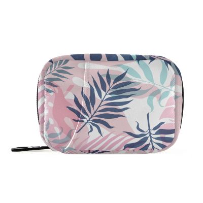 Seamless Dark Blue and Pink Tropical Palm Leaves and Flowers on White Pill Case with Removable Internal Plastic Boxes Organizer, Zippered Carrier Small Medicine Bag Holder, Travel Storage Container