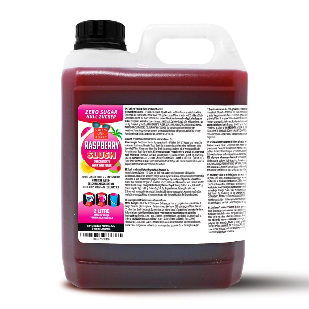 Aromhuset Zero Sugar Raspberry Slush Syrup 2 Litres - Flavoured Frozen Slushie Syrups Mix for Ice Drinks Machines, Blender Mix, Home, DIY Cocktails & More
