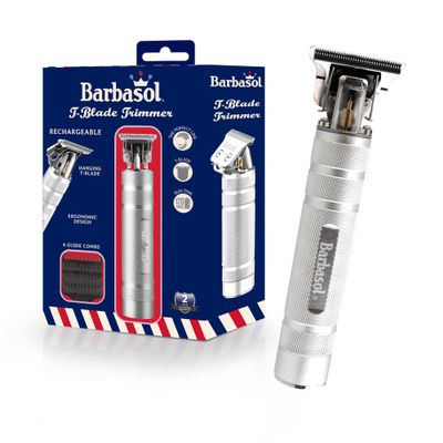 Barbasol Stainless-Steel Rechargeable Zero-Gapped T-Blade Trimmer, Hanging Blade, 3 Guide Combs (1mm, 2mm, 3mm), Men's Facial Hair Trimmer