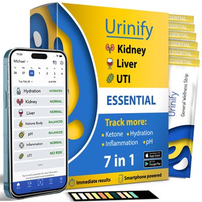 [URINIFY Essential] Mobile App Urine Test Strips and at Home UTI Test Strips, Kidney Test kit at Home, Hydration, Keto Test Strips, pH Test Strips, Liver Test, urinalysis Test, Protein, 6 Strip