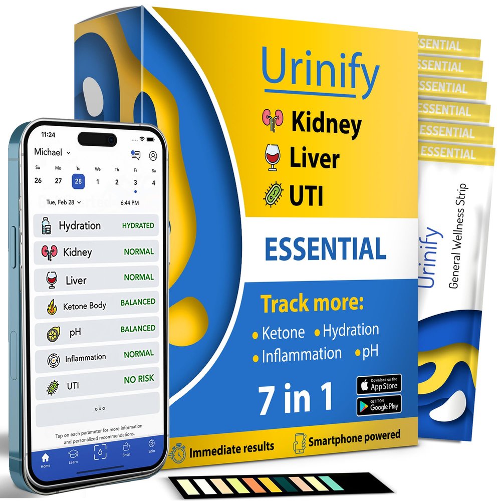 [URINIFY Essential] Mobile App Urine Test Strips and at Home UTI Test Strips, Kidney Test kit at Home, Hydration, Keto Test Strips, pH Test Strips, Liver Test, urinalysis Test, Protein, 6 Strip