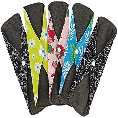 5 PCS Reusable Sanitary Pads, 18 x 25.5cm Washable Menstrual Pads Towels Panty Liners Heavy Flow Sanitary Napkin Bamboo Charcoal Hygiene Cloth for Women Day and Night