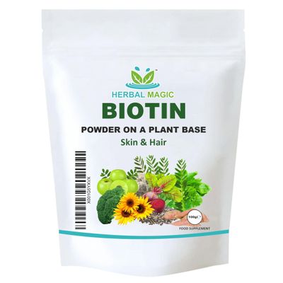 Herbal Magic's Pure & Natural Blend - Biotin Powder (500 mcg in 1 Scoop) - UKAS LAB Tested in UK - Made from 14 x Fruits, Vegetables & Herbs - No fillers/Preservatives/Color/Maltodextrin- 100gms
