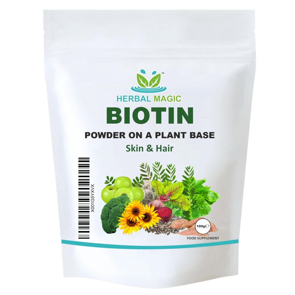 Herbal Magic's Pure & Natural Blend - Biotin Powder (500 mcg in 1 Scoop) - UKAS LAB Tested in UK - Made from 14 x Fruits, Vegetables & Herbs - No fillers/Preservatives/Color/Maltodextrin- 100gms