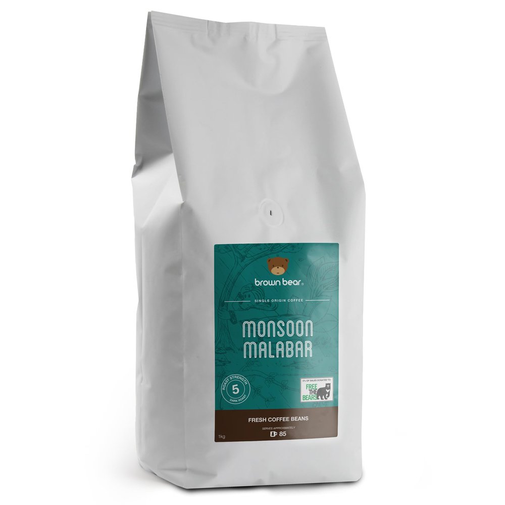 Indian Monsoon Malabar Strong Aged Coffee Beans 1kg - Dark Roast - Strength 5 - Brown Bear India Coffee - Suitable For All Machines - Donation to Free The Bears