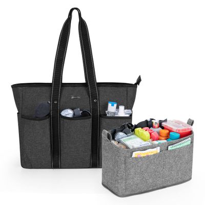 Damero Nurse Tote Bag with Insert Organiser, Nurse Tote Laptop Shoulder Bag for Work and School, Large Women Handbags for HomeCare Nurses and Healthcare, Black