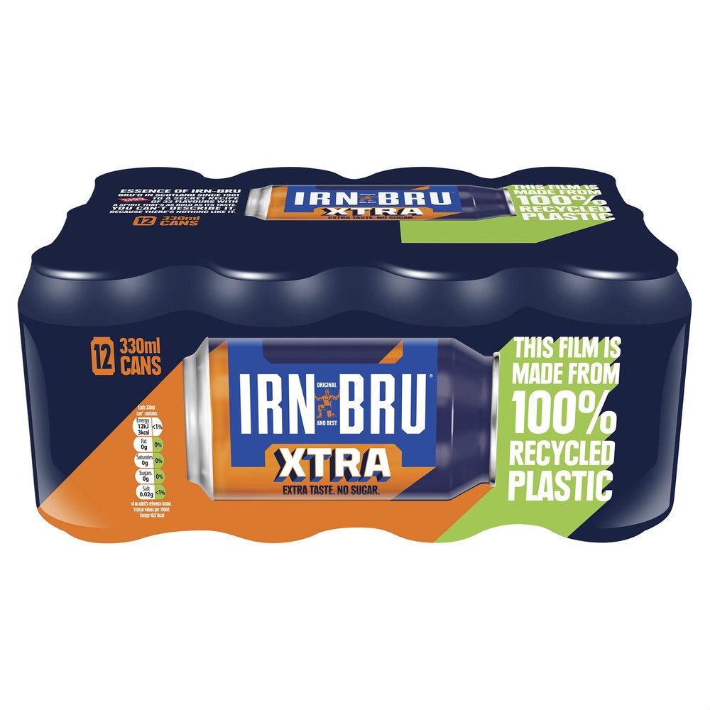 IRN-BRU XTRA, 12 Pack Zero No Sugar & Low Calorie with XTRA Taste Fizzy Drinks Multipack Cans - 12 x 330ml Cans