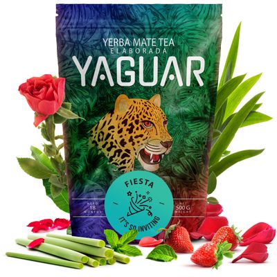 Yaguar Fiesta 500g - Yerba Mate Tea with Strawberry, Traditional Mate Tea with Mint and Lemongrass, Brazilian