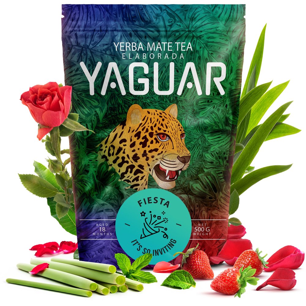 Yaguar Fiesta 500g - Yerba Mate Tea with Strawberry, Traditional Mate Tea with Mint and Lemongrass, Brazilian