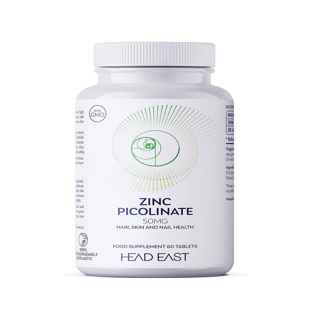 Head East Zinc Picolinate |60 Tablets  2 Month Supply | Vegan | Hair, Skin, Nail Health | Physical and Mental Wellbeing | Sugar Free | 100% Biodegradable Packaging |Sugarcane Bottle