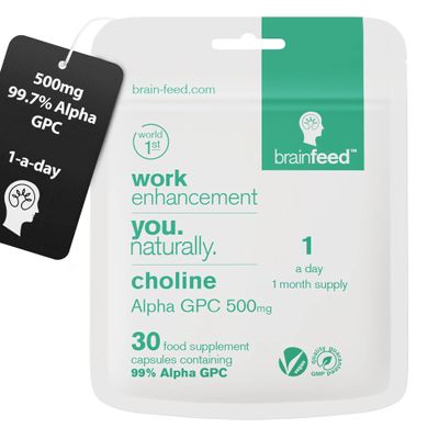 Alpha GPC Capsules (30) | 1-a-Day | 99.7% Alpha-GPC Choline Supplement | 500mg | Nootropic Alpha Brain Supports Memory & Cognition | Acetylcholine Supplement