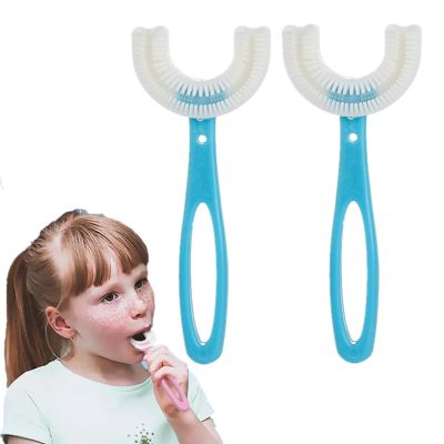 2 Pcs U Shape Toothbrush for Kids All Rounded Oral Teeth Cleaning Brush 360 with Silicone Toothbrush Massage Brush for Kids 6-12 Years (Blue)
