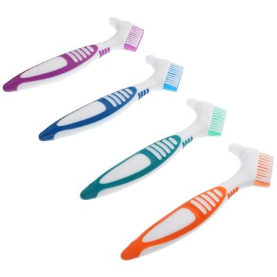 Healifty 4pcs Denture Toothbrush Double Head Portable False Teeth Cleaner Denture Cleaning Brush for Travel Home Use Random Color