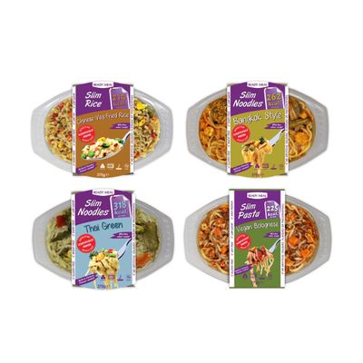 Slim Noodles, Slim Rice Chilled Meals Pack of 4 Thai Green Noodles | Bangkok Style Noodles | Chinese Vegetarian Fried Rice | Vegan Spaghetti Bolognese | Low Calorie, 370g x 4 Ready to Eat Meal