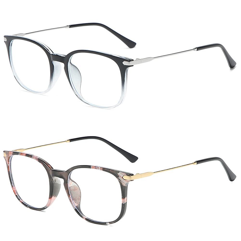 SIKAITE 2 Pairs Lightweight Comfortable Rectangle Reading Glasses Readers for Men Women Spring hinge (Grey and Decor, 1.0)