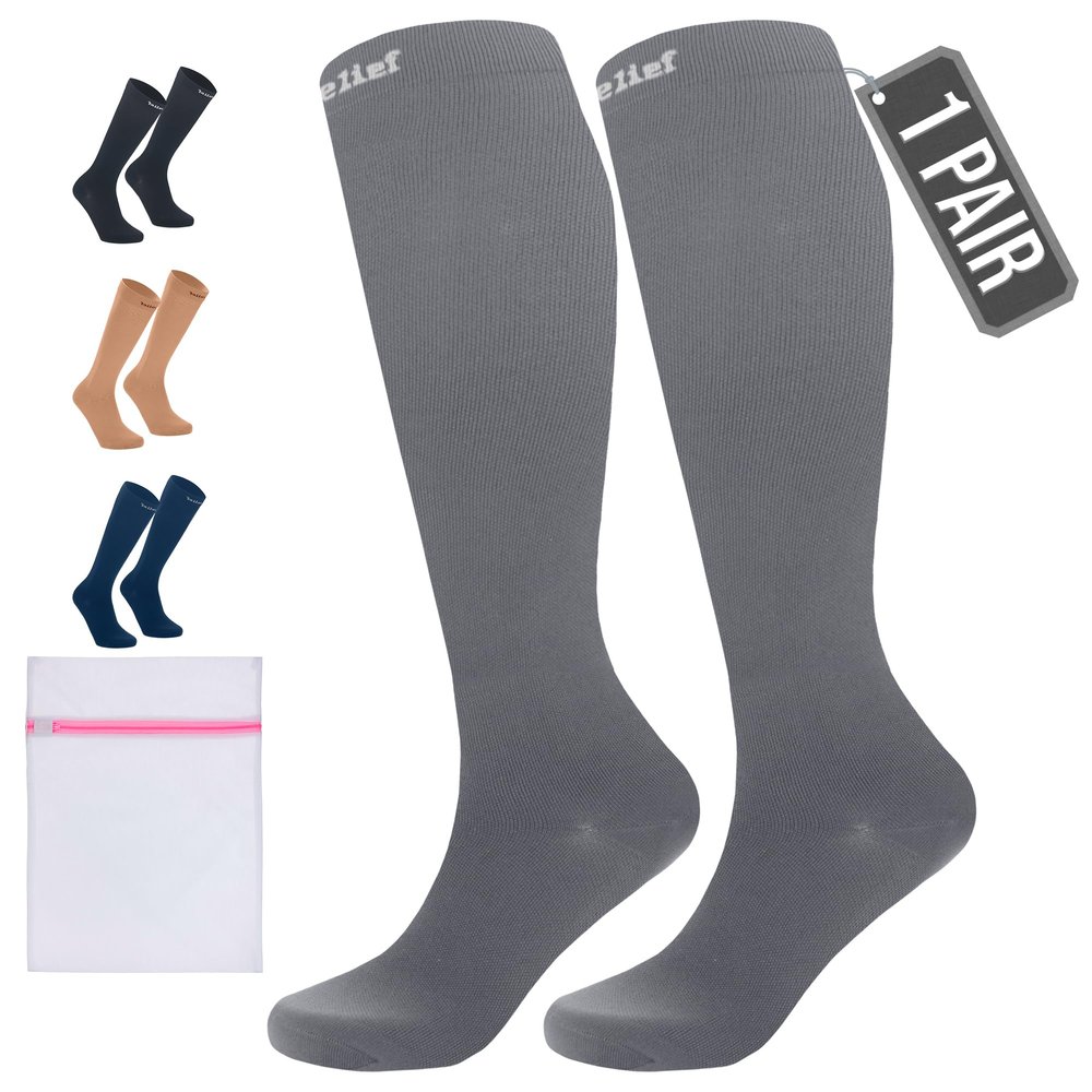 360 RELIEF 1 Pair Compression Socks for Women & Men - 15-20 mmHg Travel Flight Socks  Graduated Support - Ideal for Running, Cycling & during Maternity -L/XL, Grey with Laundry Bag