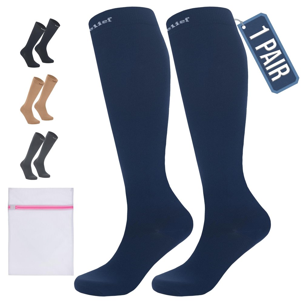 360 RELIEF 1 Pair Compression Socks for Women & Men - 15-20 mmHg Travel Flight Socks  Graduated Support - Ideal for Running, Cycling & during Maternity -L/XL, Blue with Laundry Bag