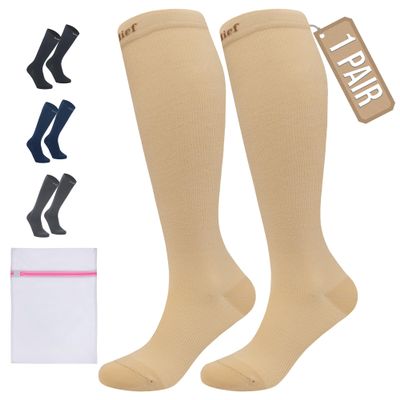 360 RELIEF 1 Pair Compression Socks for Women & Men - 15-20 mmHg Travel Flight Socks  Graduated Support - Ideal for Running, Cycling & during Maternity -S/M, Beige with Laundry Bag