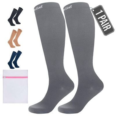 360 RELIEF 1 Pair Compression Socks for Women & Men - 15-20 mmHg Travel Flight Socks  Graduated Support - Ideal for Running, Cycling & during Maternity -S/M, Grey with Laundry Bag