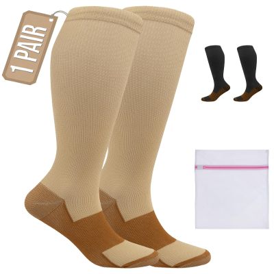 360 RELIEF 1 Pair Copper Compression Socks Women & Men 15-20 mmHg Varicose Veins, Travel, Running, Pregnancy Socks, L/XL, Beige + Laundry Bag