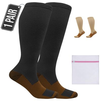 360 RELIEF 1 Pair Copper Compression Socks Women & Men 15-20 mmHg Varicose Veins, Travel, Running, Pregnancy Socks, S/M, Black + Laundry Bag