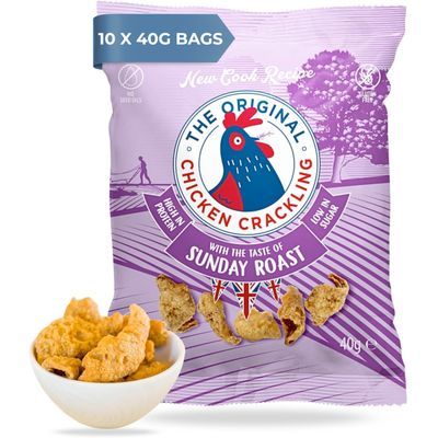 Chicken Crackling Sunday Roast, Double Cooked Chicken Skin Crisps, High Protein Low Carb Keto Snack, No Seed Oils, Gluten Free Pork Scratchings Alternative, 10x40g