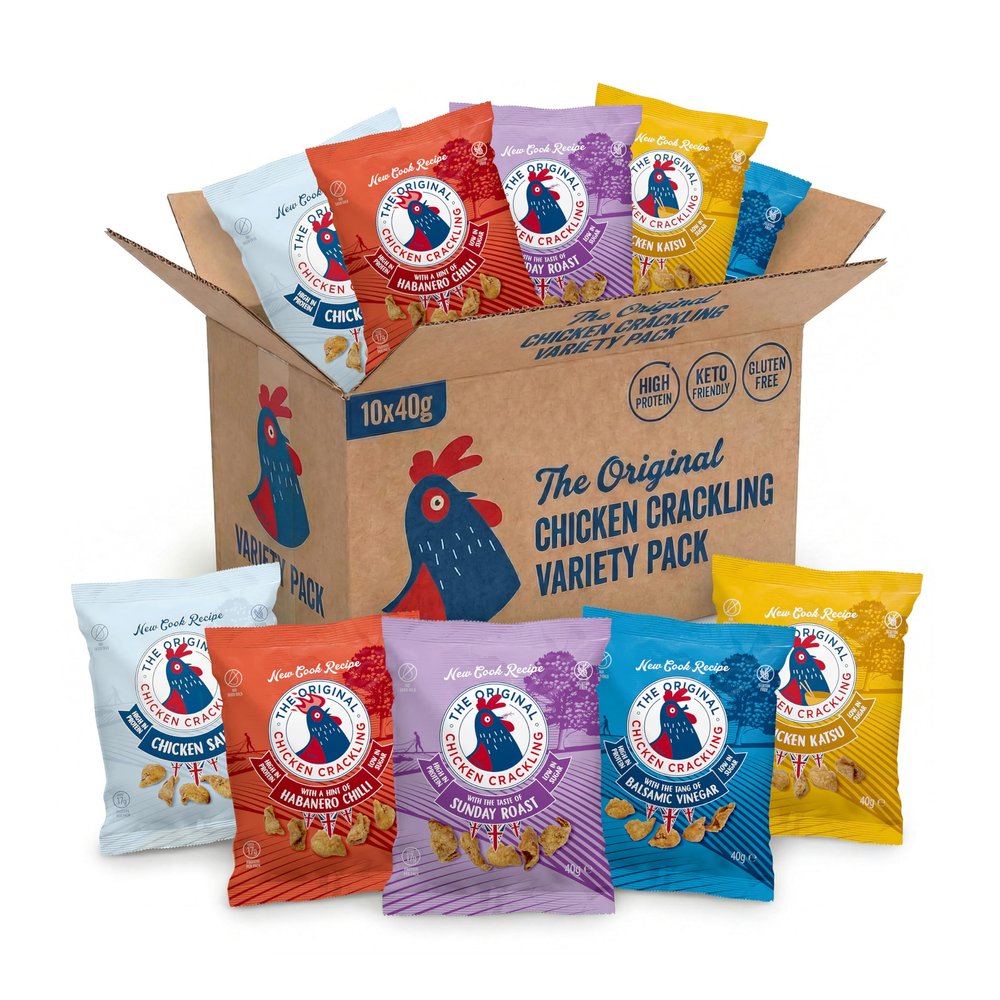 Chicken Crackling Variety Pack, Double Cooked Chicken Skin Crisps, High Protein Low Carb Keto Snack, No Seed Oils, Gluten Free Pork Scratchings Alternative, 10x40g
