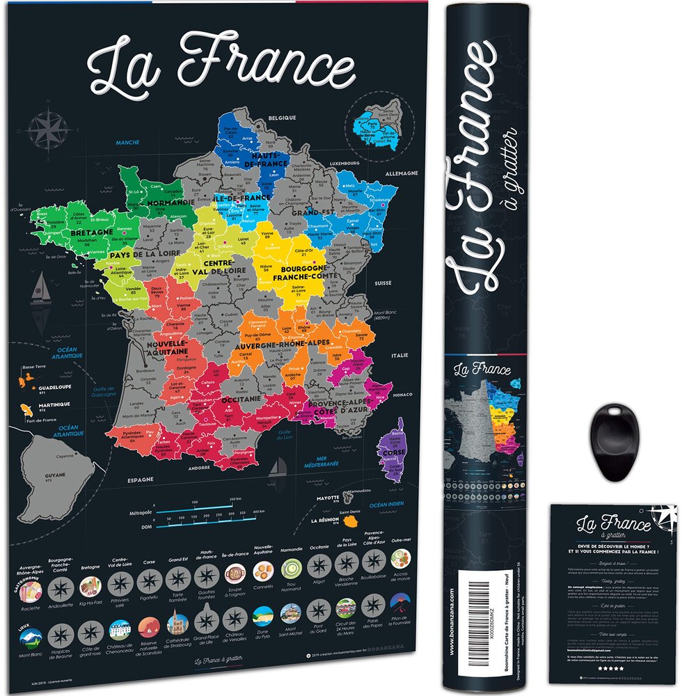 Bonanzana - Scratch Off Map of France - 70 x 42 cm - French Regions & Departments Visited - Travel Wall Art - Black