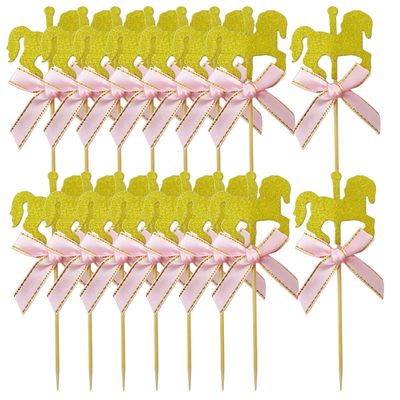 Honbay 30PCS Glitter Horse Cupcake Toppers Carousel Horse Theme Cake Toppers Dessert Toppers for Birthday Wedding Baby Shower Party (Pink Bow)