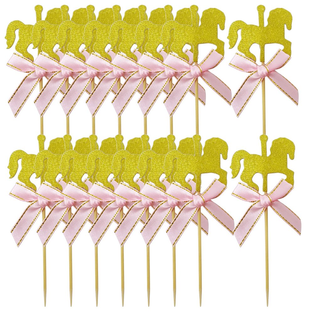 Honbay 30PCS Glitter Horse Cupcake Toppers Carousel Horse Theme Cake Toppers Dessert Toppers for Birthday Wedding Baby Shower Party (Pink Bow)
