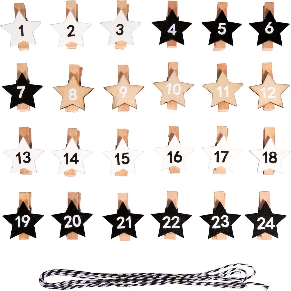 Rayher Adventcalendar numbers Star 1-24 on pegs, coloured, 2.9x3.6cm, w. cord, tab-bag 1set, 46608999