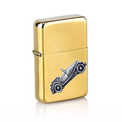 Classic British Car TD ref137 Pewter effect design on a flip top petrol lighter windproof GOLD refillable
