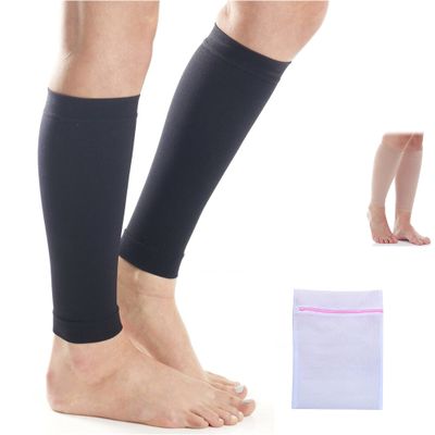 360 RELIEF Compression Calf Sleeves - for Torn Muscle Cramps Sports | Workout, Shin Splints, Circulation, Fitness, Running, Jogging, Marathon, Hiking | 1 Pair Large, Black with Mesh Laundry Bag |
