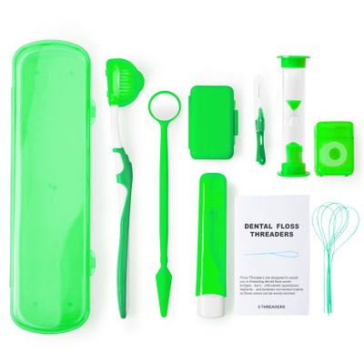 Annhua Braces Cleaning Kit 8 Pack, Orthodontic Travel Dental Care Set with Interdental Brushes, Brace Wax, Floss Threader, Oral Mirror & Timer - Portable for Teeth Aligners, Retainers - Green